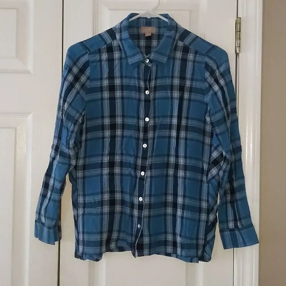 J. Jill blue plaid button down shirt Sz S